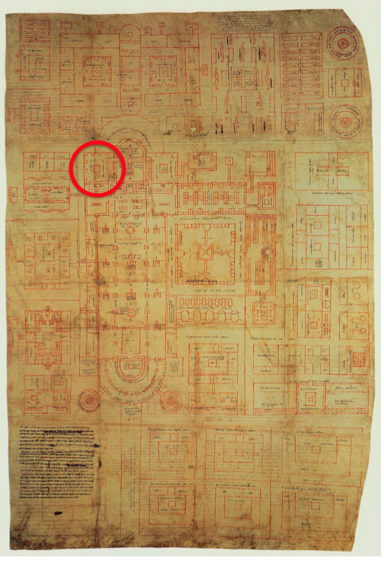 Plan of Saint Gall, Cod. Sangallensis 1092, library indicated in red