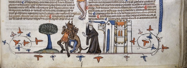 (Monk fighting off some devils with a club—Royal 10 E IV, fol. 247 © The British Library) 