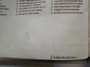 Marginal note regarding payment to the professional scribe Jehan de Sanlis (The Hague, KB, 71 A 24, 13th c)