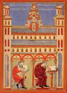 Lay person and monk making books jointly in a monastery (Wiesbaden, Deutches Museum)