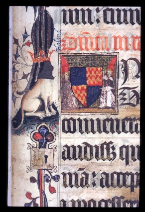 Harley 7026, fol. 8r, Angels holding Lovell and Holland Coat of Arms