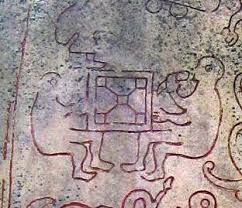 Close-up of the replica of the Ockelbo Runestone, Sweden. In this image from the Sigurd legends, two men play hnefatafl.  10th? Century, destroyed by a church fire in 1904.  